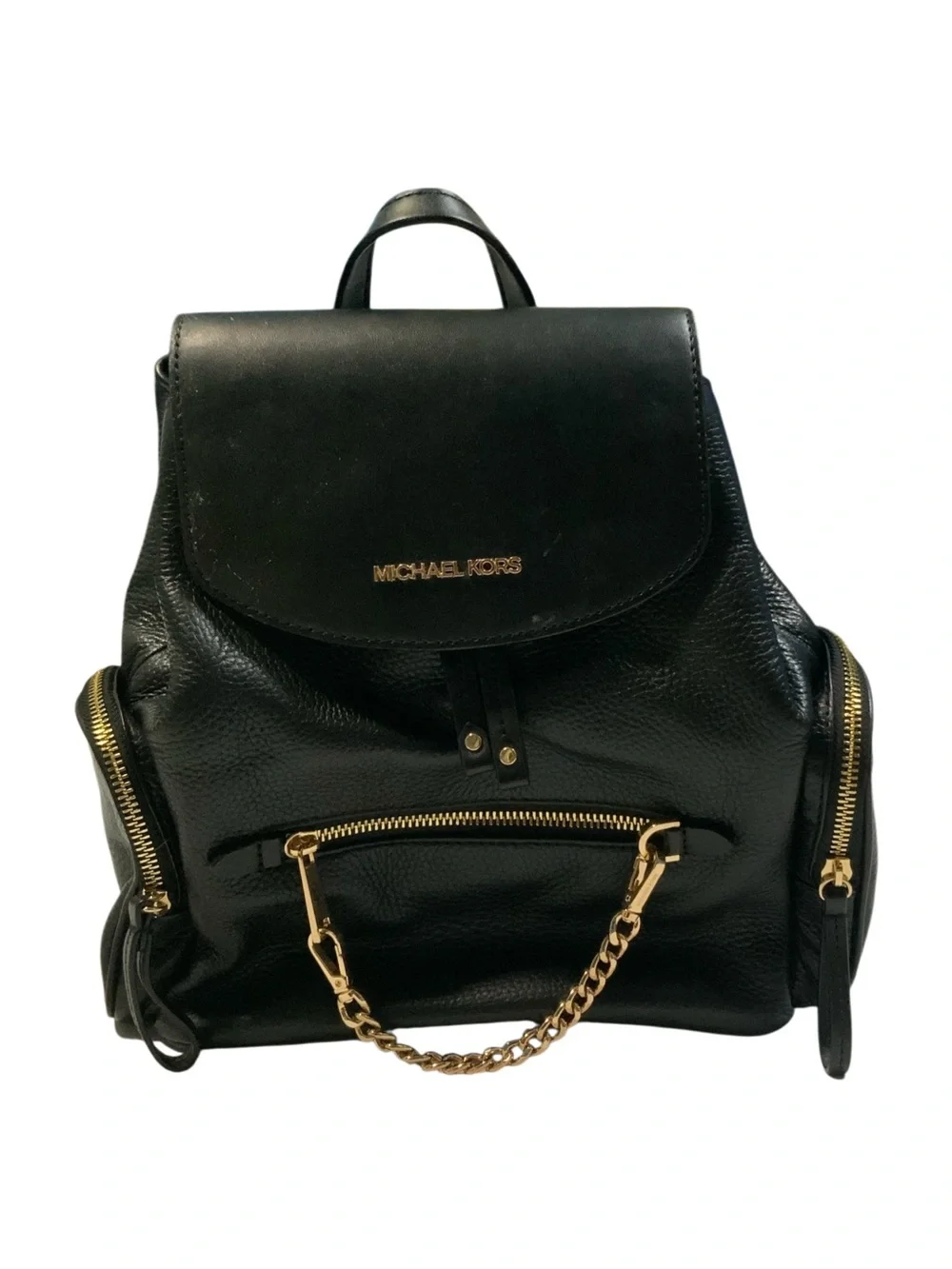 Michael Kors Black Leather Backpack with Gold Chain Accents